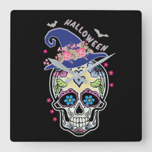 Halloween Flower Skull Fyrkantig Klocka