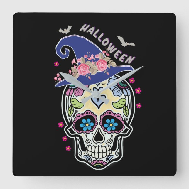 Halloween Flower Skull Fyrkantig Klocka (Framsida)