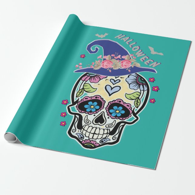 Halloween Flower Skull Presentpapper (Utrullad)
