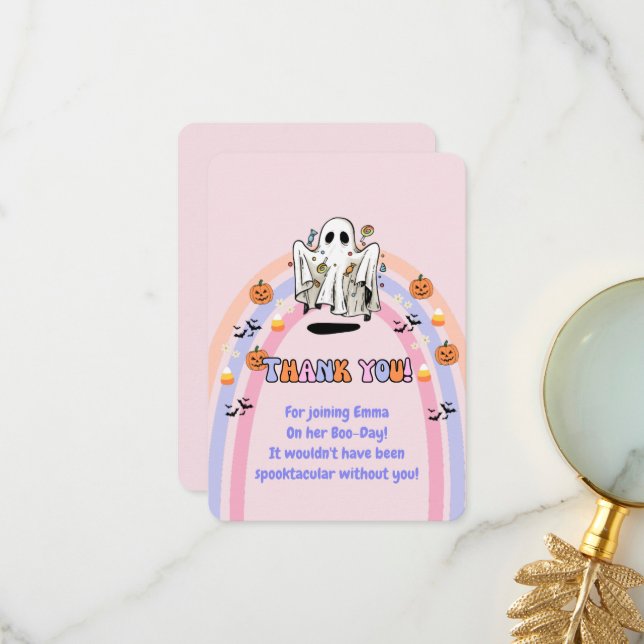 Halloween födelsedag med groovy spöke bus eller go tack kort (Fram/Back In Situ)