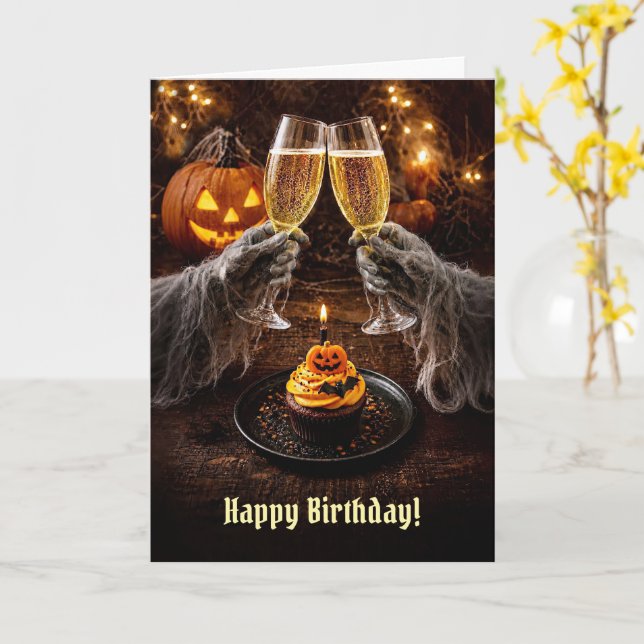 Halloween födelsedag med mörk choklad Champagne  Kort (Gul blomma)