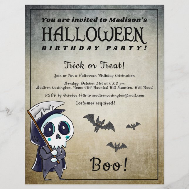 Halloween Födelsedagsfest Grim Reaper Reklamblad (Framsidan)