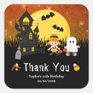 Halloween Födelsedagsfest Witch Ghost Orange Fyrkantigt Klistermärke