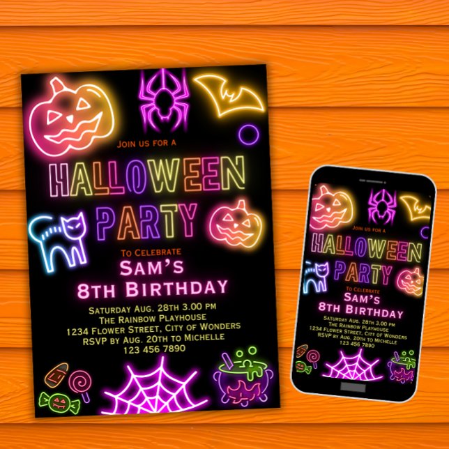 Halloween-födelsedagsinbjudan till barn Neon Party Inbjudningar (Skapare uppladdad)