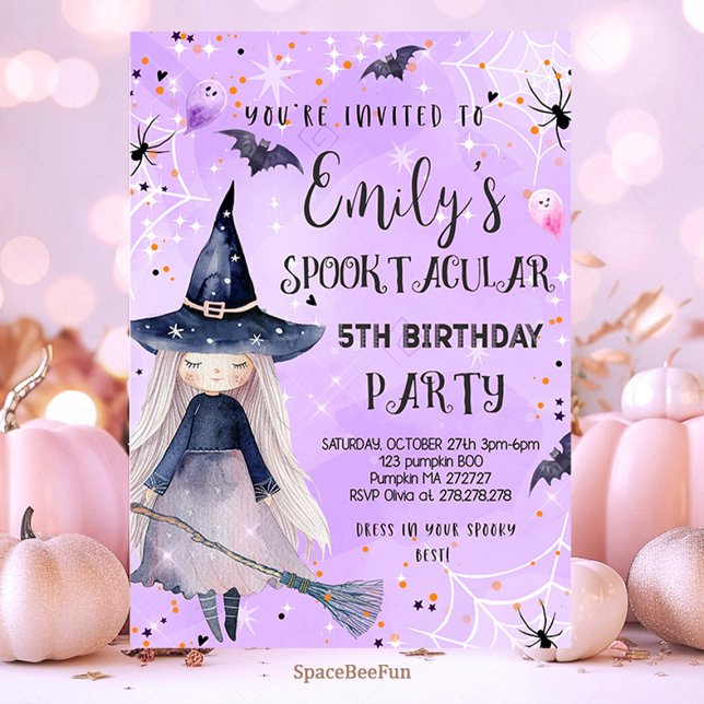 Halloween-födelsedagsinbjudan till Party Witch Inbjudningar (Halloween,pumpki,Birthday invites,Invitation,Costume Party,Girl Witch Halloween,Birthday Party,Spook)