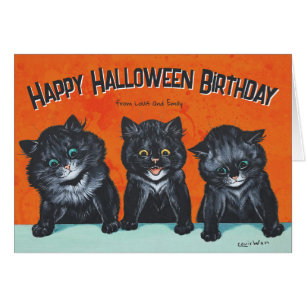 Halloween-födelsedagstid Svarta katter L. Wain CC1 Hälsningskort