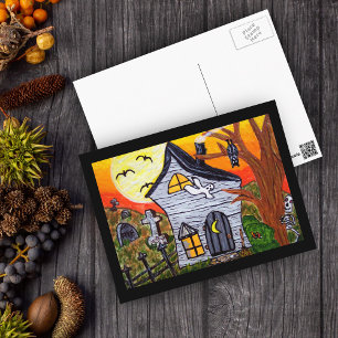 Halloween Folk Art Haunted House Scene Vykort