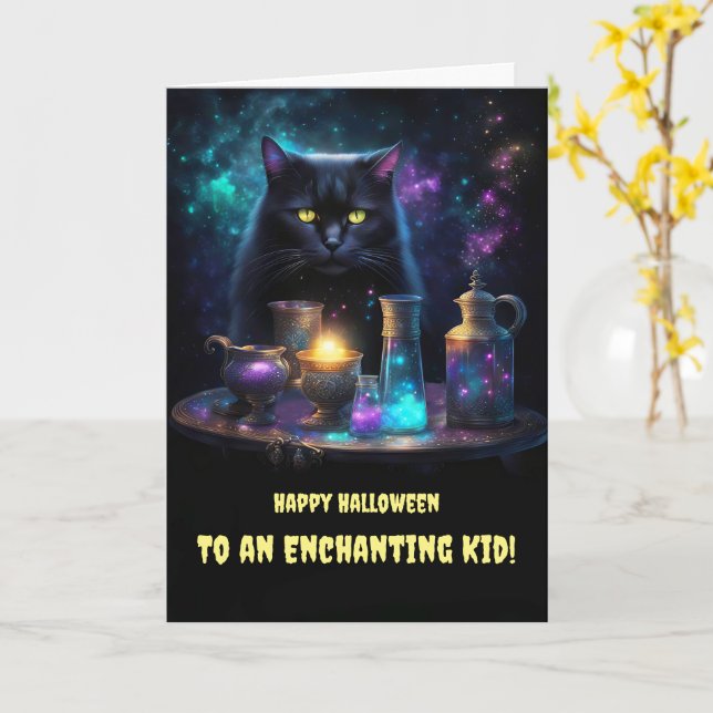 Halloween för barn Children Cute Black Cat Magic Kort (Gul blomma)