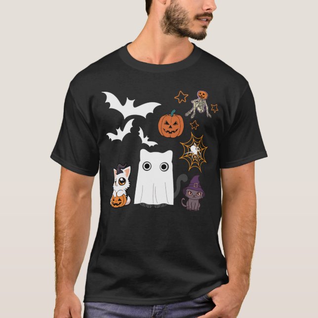 halloween for Cat Cute Kitten Skeleton Ghost Funny T Shirt (Framsida)