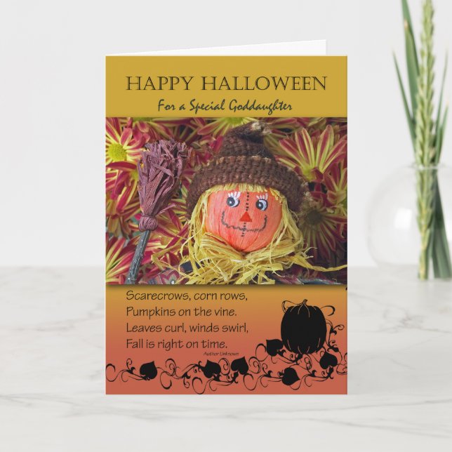Halloween för Goddotter, Cute Fågelskrämma och Dik Kort (Framsida)