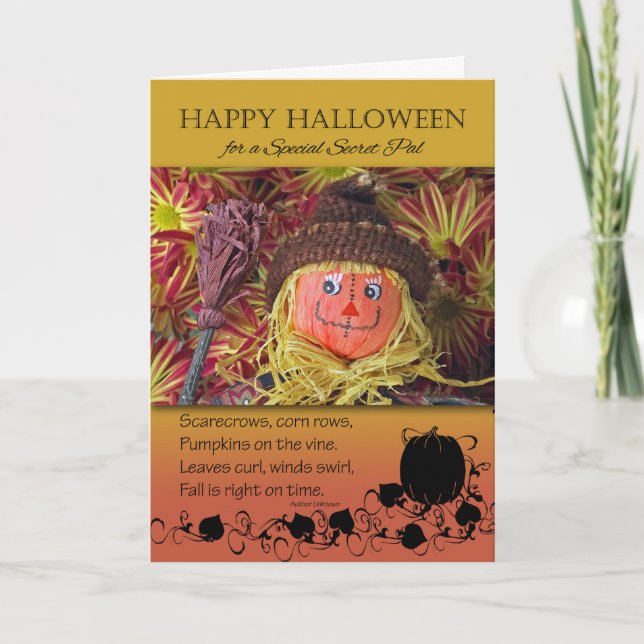 Halloween för hemlig Pal, fågelskrämma och dikt Kort (Framsida)