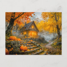 Halloween Forest Cottage with Pumpkins, Stone Path