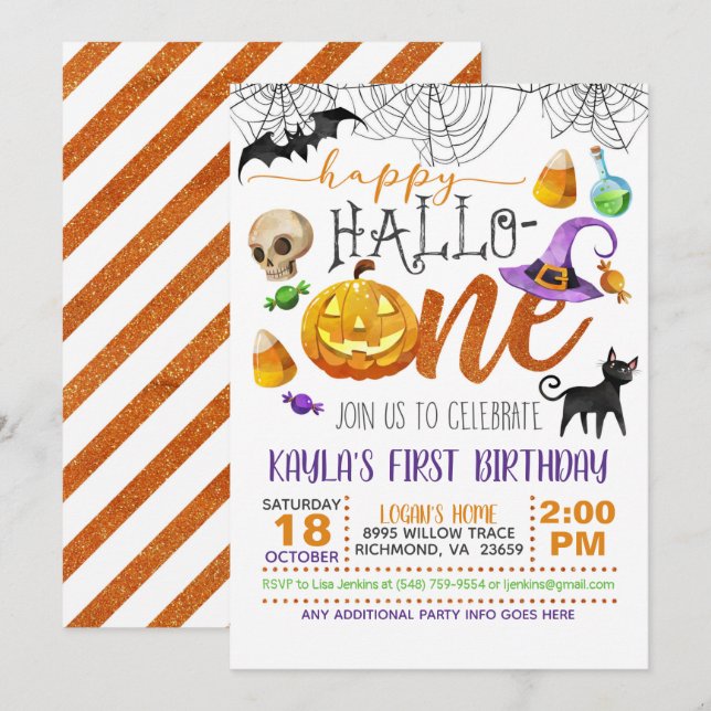 Halloween första födelsedagsinbjudan inbjudningar (Fram/baksida)