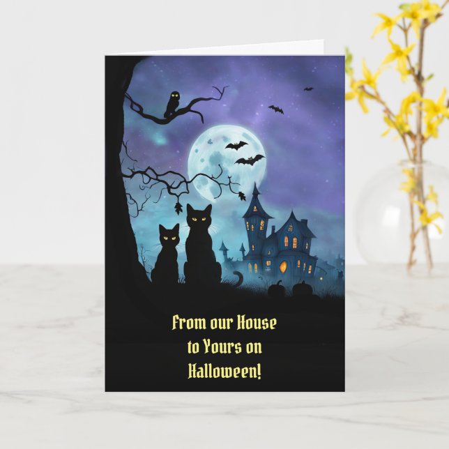 Halloween från vårt hus hem till er Cute Cats Kort (Gul blomma)