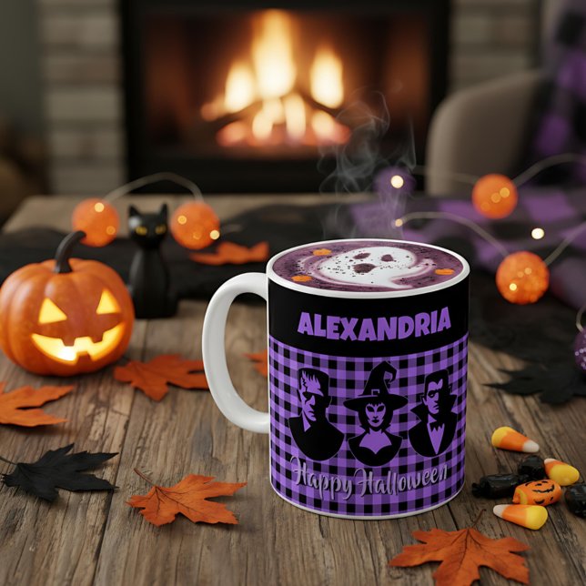 Halloween Frankenstein Häxa Vampyr Lila Rutig Kaffemugg (Skapare uppladdad)