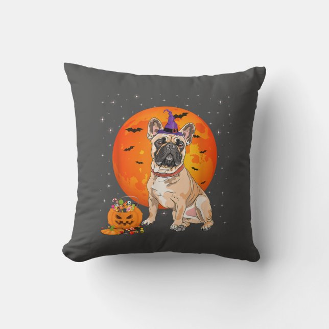 Halloween Fransk Bulldog Bus eller godis Pumpkin Kudde (Framsida)