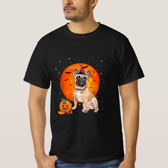Halloween Fransk Bulldog Bus eller godis Pumpkin T Shirt (Framsida)