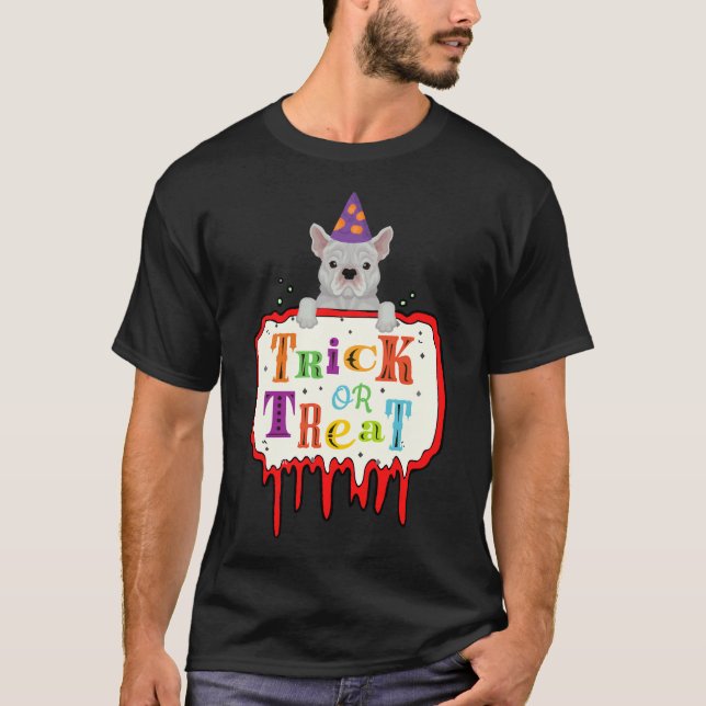 Halloween Fransk Bulldog Bus eller godis T Shirt (Framsida)