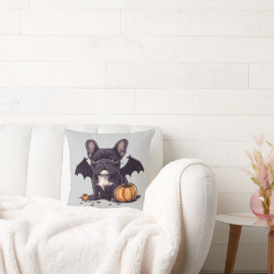 Halloween Fransk Bulldog Fladdermus Vingar Pumpkin Kudde