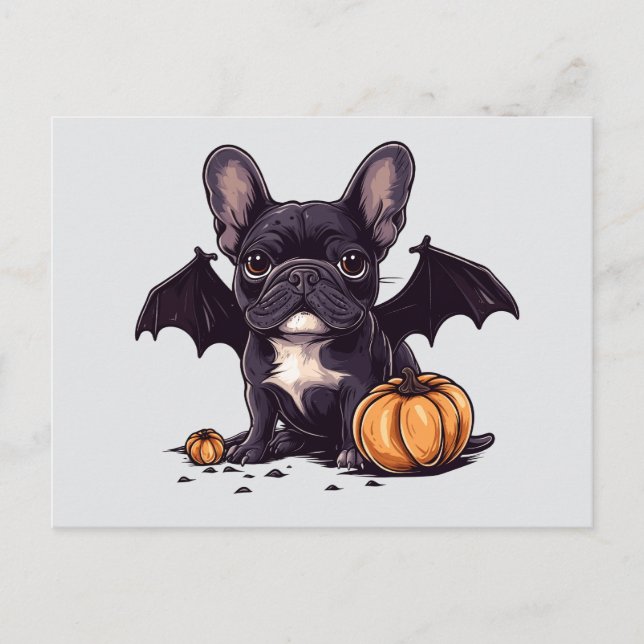 Halloween Fransk Bulldog Fladdermus Vingar Pumpkin Vykort (Framsida)