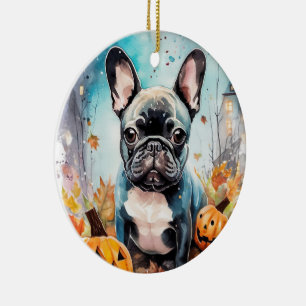 Halloween fransk bulldog med pumpor läskig julgransprydnad keramik