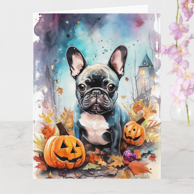 Halloween fransk bulldog med pumpor läskig kort (Orkide)