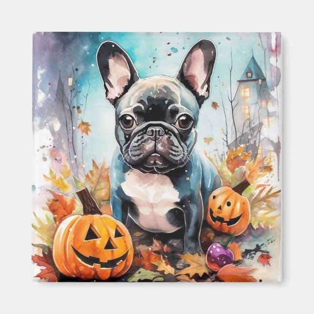 Halloween fransk bulldog med pumpor läskig magnet (Framsidan)