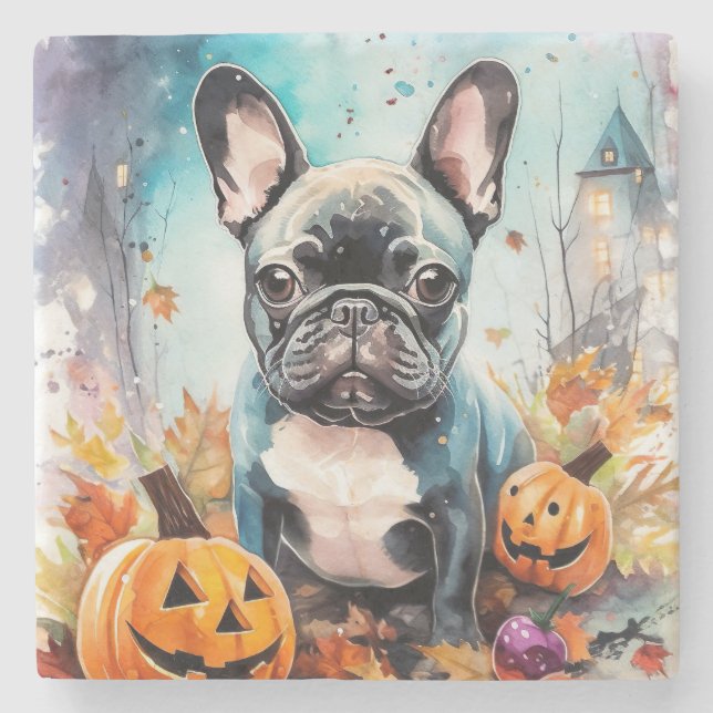 Halloween fransk Bulldog med pumpor Skräckinjagand Stenunderlägg (Framsidan)