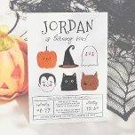 Halloween Friends Cute Modern Boy Födelsedagsfest Inbjudningar<br><div class="desc">Den här moderna designen har födelsedagspojkens namn i stort huvudstad brev i ett av mina favoritdekorativa typsnitt, nedanför, så visas hans ålder i söt manustypografi. Under, i mitten på kortet, finns det 6 Halloween-vänner: en pumpa, en vampyr, en häxhatt, en svart katt, ett spöke och en varulv! De illustreras alla...</div>