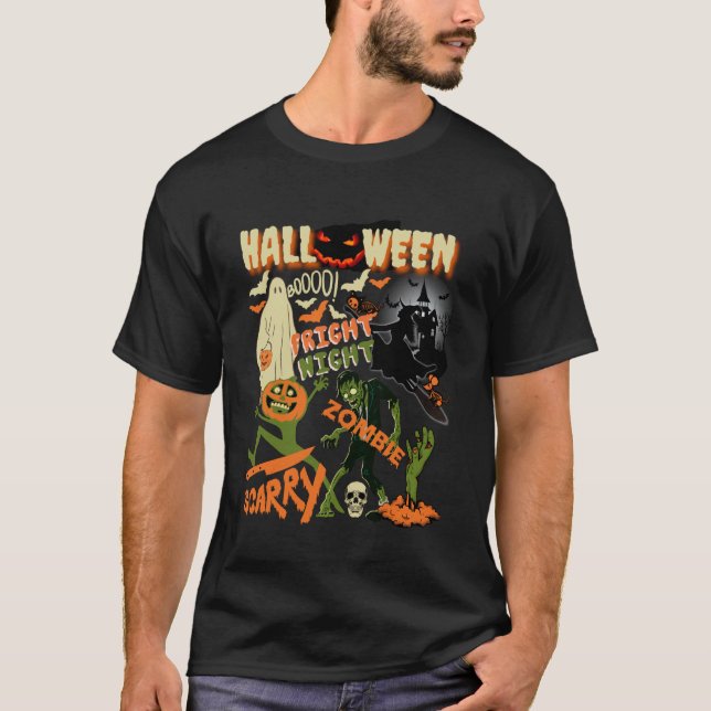 Halloween Fright Night Zombie Scary Pumpkin Ghost T Shirt (Framsida)