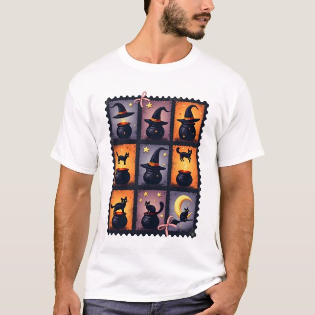 Halloween Frimärke Collage T Shirt (Framsida)