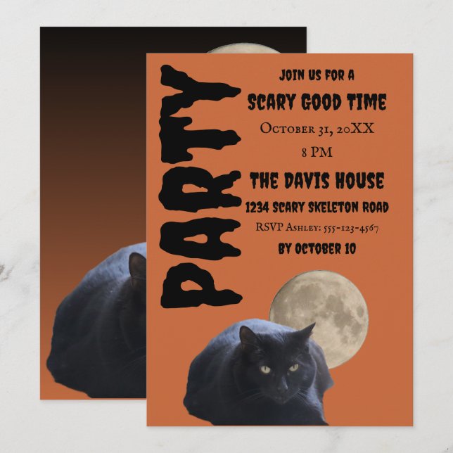Halloween Full Moon Black Cat Inbjudningar (Fram/baksida)