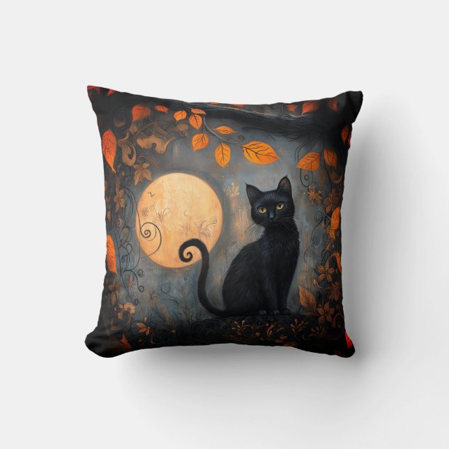 Halloween Full Moon Black Cat Ornate Höst Kudde (Framsida)