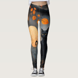 Halloween Full Moon Black Cat Ornate Höst Leggings