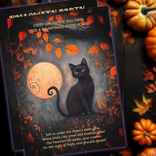 Halloween Full Moon Black Cat Ornate Vuxen Party Inbjudningar (Halloween Full Moon Black Cat Ornate Adult Party Invitation)
