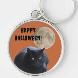 Halloween Full Moon Black Cat Rund Silverfärgad Nyckelring