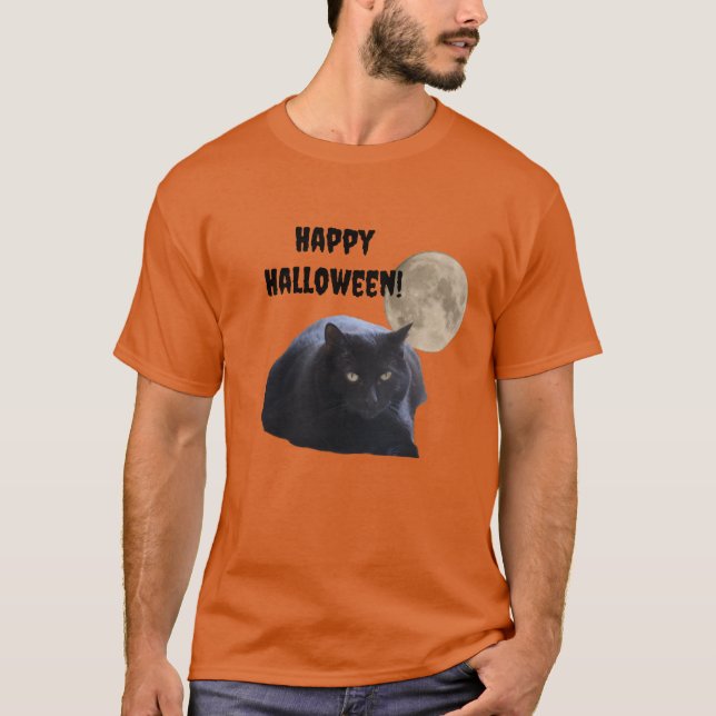 Halloween Full Moon Black Cat T Shirt (Framsida)