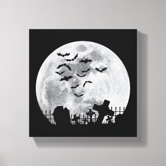 Halloween Full Moon Cemetery Graveyard Spooky Flad Canvastryck (Framsida)