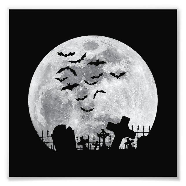 Halloween Full Moon Cemetery Graveyard Spooky Flad Fototryck (Framsidan)