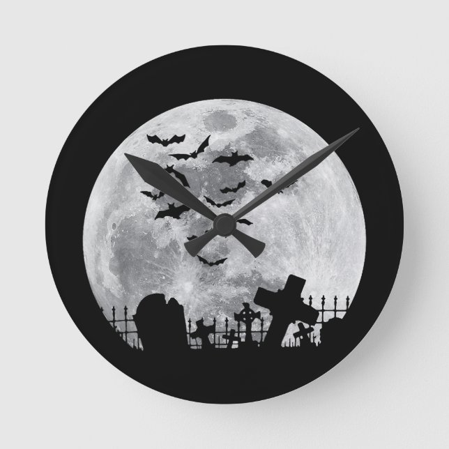 Halloween Full Moon Cemetery Graveyard Spooky Flad Rund Klocka (Framsida)