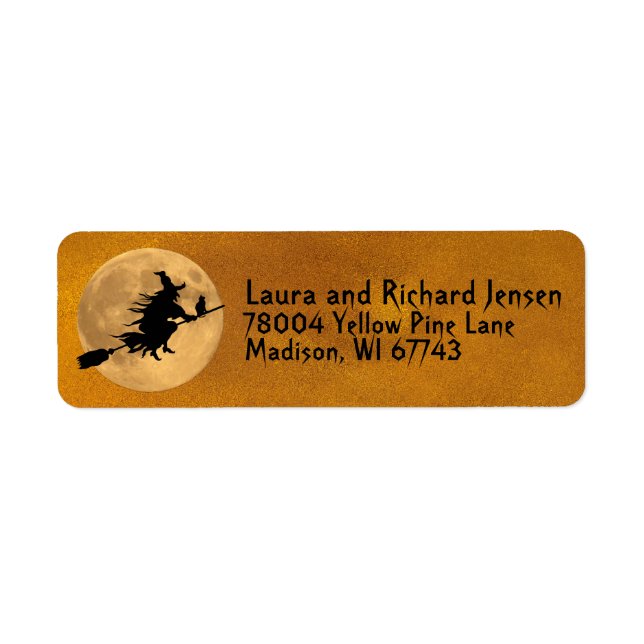 Halloween Full Moon Flies Witch och Black Cat Returadress Etikett (Framsidan)