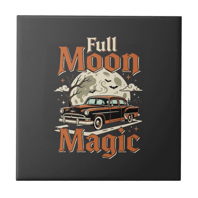 Halloween Full Moon Magic Vintage Bil Kakelplatta (Framsidan)