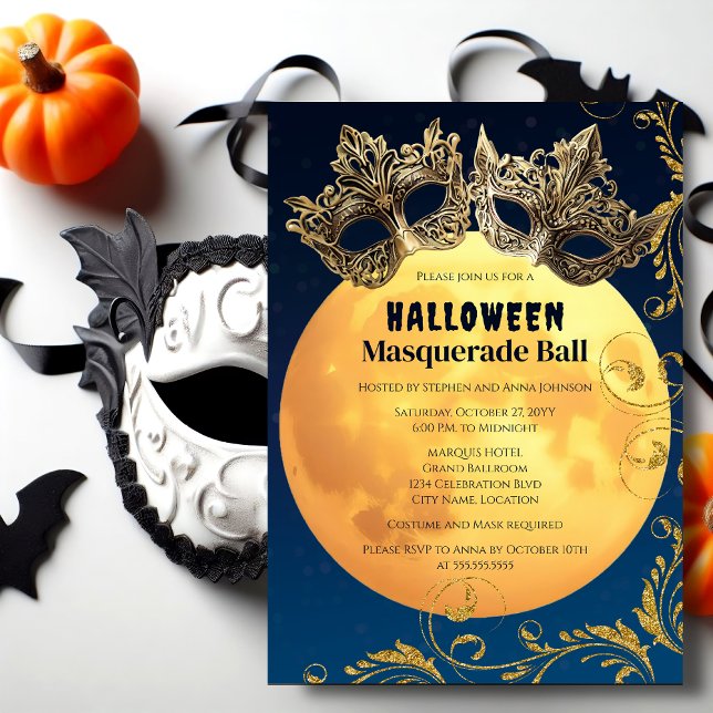 Halloween Full Moon Maskeradbal Inbjudningar (Halloween full moon masquerade ball invitation front.)