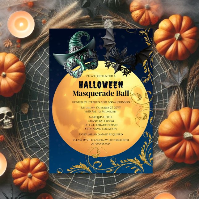 Halloween Full Moon MasqueraBoll Inbjudningar (Halloween masquerade ball invitation with blue bokeh background and full moon.  Front of invite.)