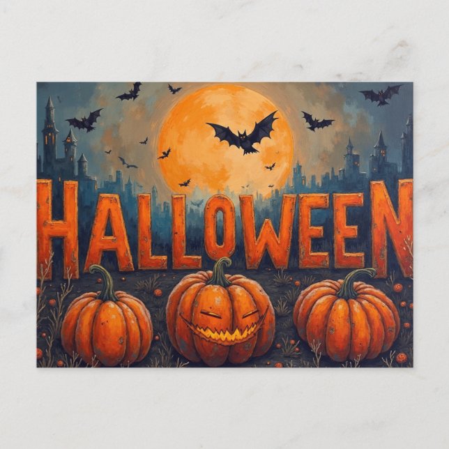 Halloween Full Moon Pumpkins och Fladdermus Helg Vykort (Framsida)