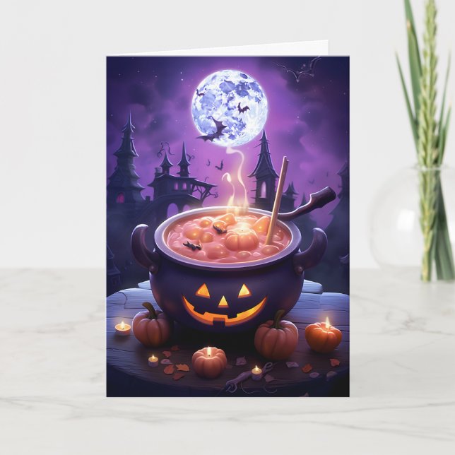 Halloween fullmåne gryta illustration kort (Framsida)