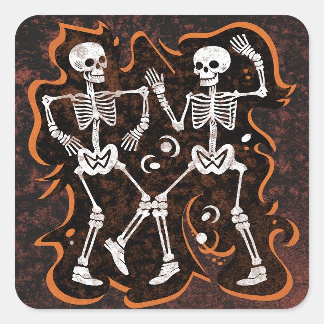 Halloween Funny Dancing Skeletons Fyrkantigt Klistermärke (Framsida)