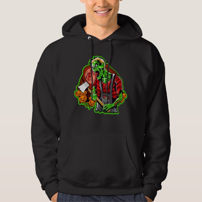 Halloween Funny Grönt Zombie Ax på Black Hoodie (Framsida)