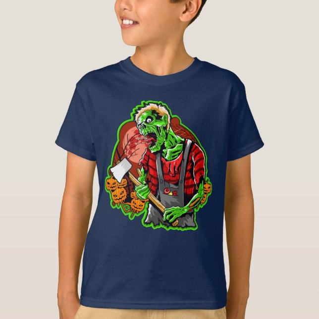 Halloween Funny Grönt Zombie Ax på T Shirt (Framsida)