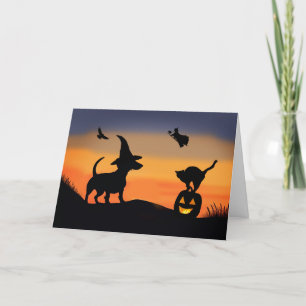 Halloween Funny med Dachshund Hund Witch Cat Raven Kort